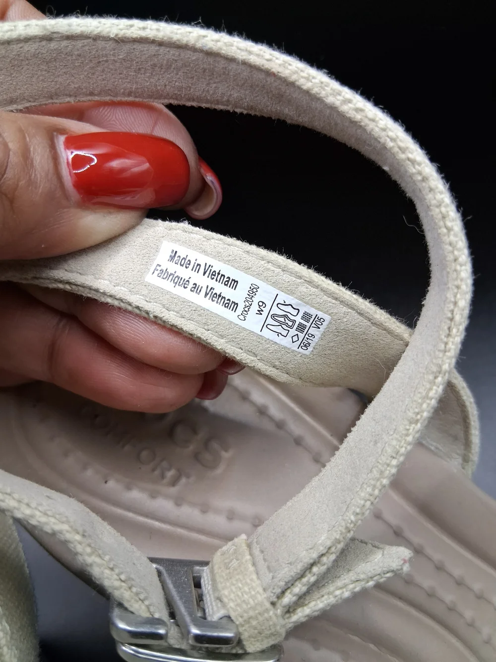 CROCS Cream Canvas Wedge Sandals with Ankle Strap - Picture 2 of 11